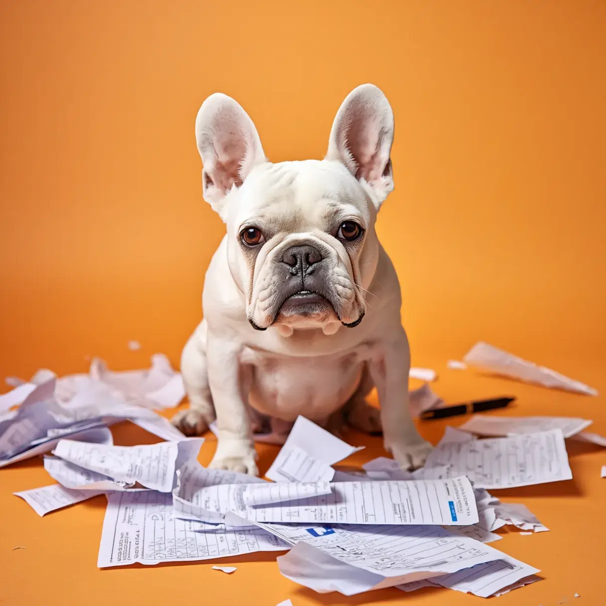 French Bulldog surrounded by shredded excuses